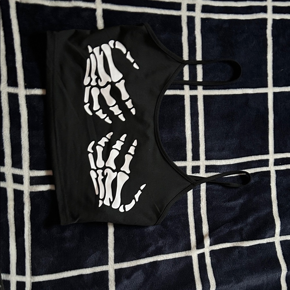 SHEIN Black Crop Bralette with White Skeleton Hand Print